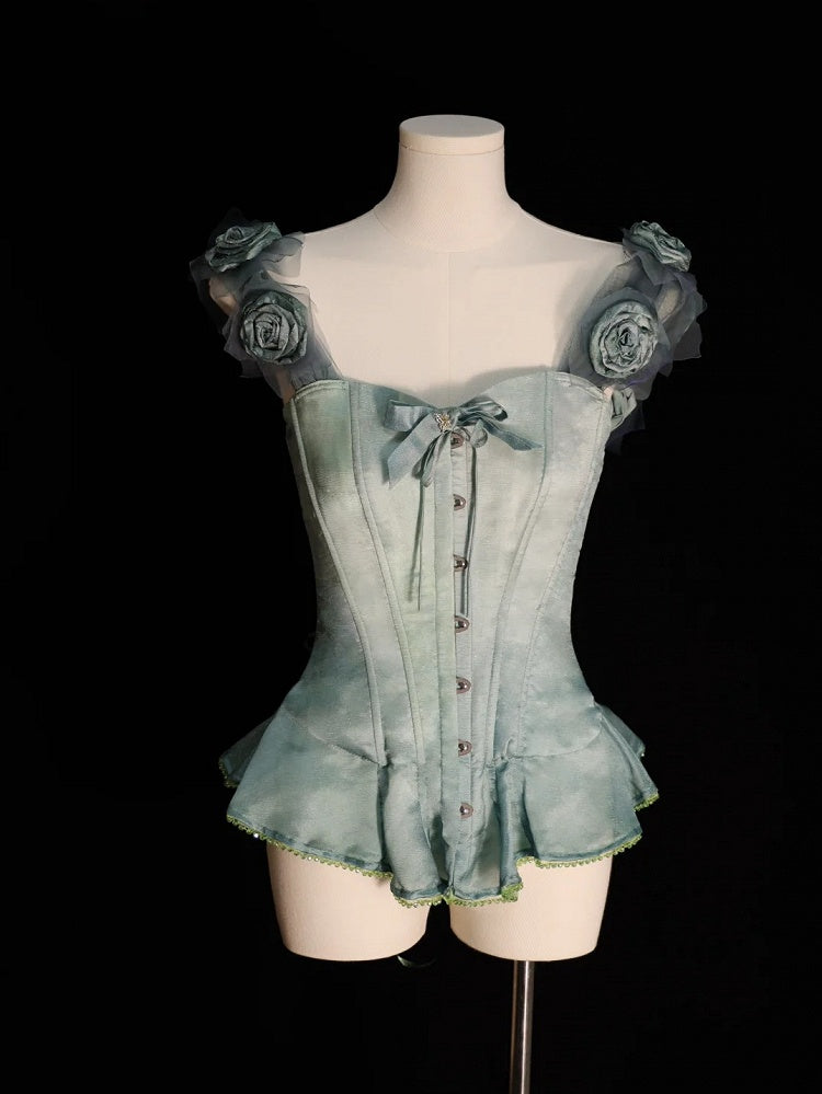 Green Flounce Hem Boned Corset Top with Detachable Floral Adornments
