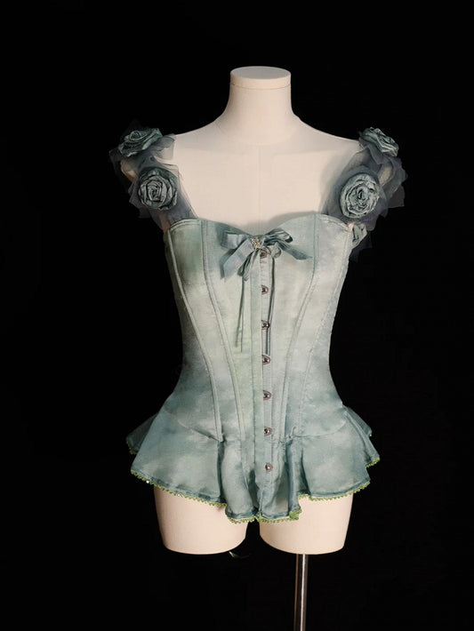 Green Flounce Hem Boned Corset Top with Detachable Floral Adornments