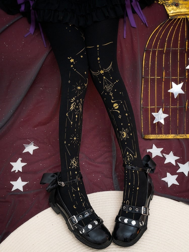 Black/White Lolita Star and Moon Print Tights