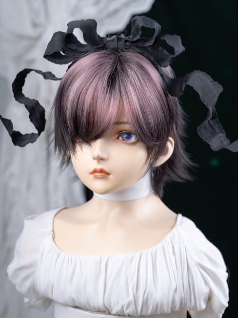 Black and Pink Highlight Hair Color 35CM Length Short Ouji Wig