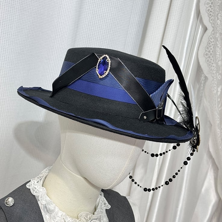 Black and Dark Blue Steampunk Top Hat with Feather and Gear Bead Chain
