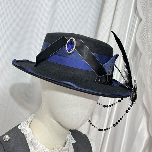 Black and Dark Blue Steampunk Top Hat with Feather and Gear Bead Chain