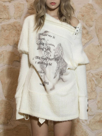 White Off-Shoulder Punk Knit Top with Batwing Sleeves & Wing Print
