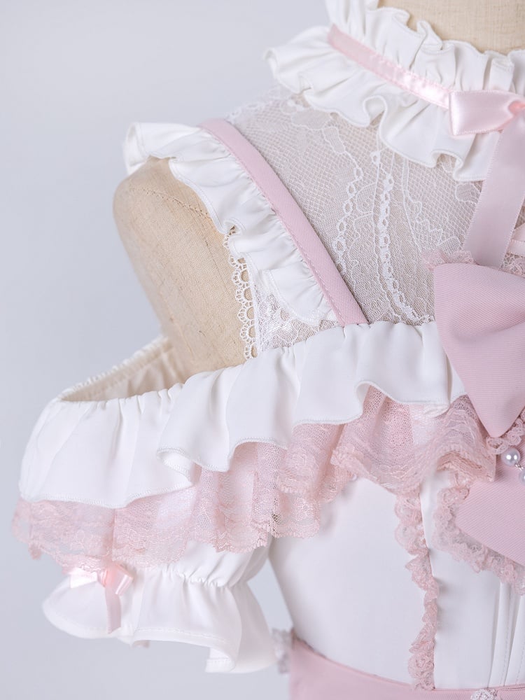 Jirai Kei Open Shoulders White and Pink Sweet Short Sleeves Blouse