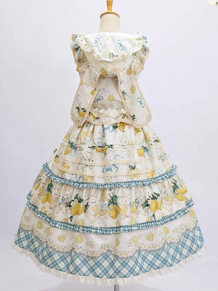 Blue & Yellow Country Lolita Bunny Ear Hooded Top + Print Ruffled Skirt + Embroidered Triangular Headscarf Set