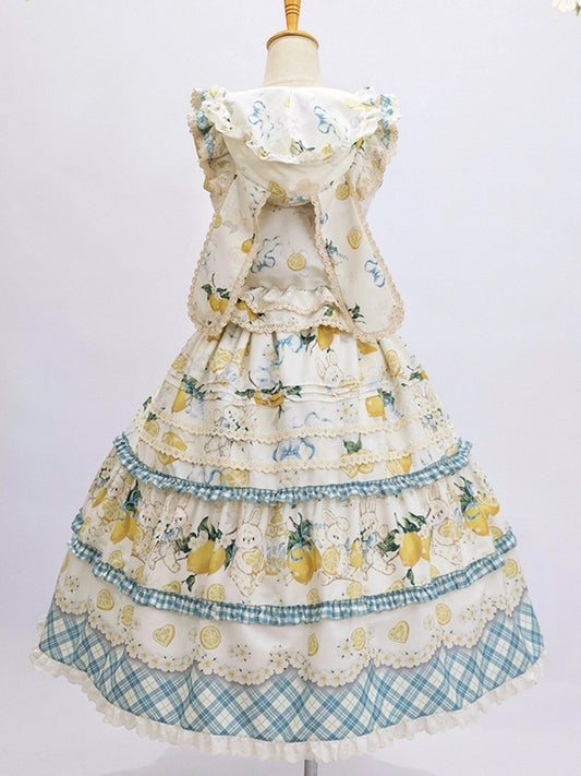 Blue & Yellow Country Lolita Bunny Ear Hooded Top + Print Ruffled Skirt + Embroidered Triangular Headscarf Set