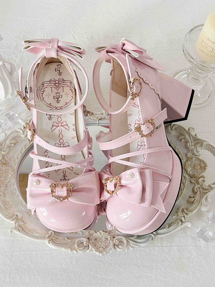 Pink Bow Accent Crisscross Design Lolita Platform High Block Heels