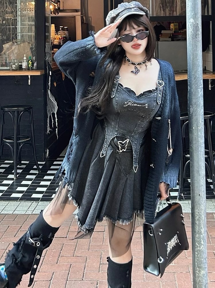 Plus Size Dark Grey Rhinestones Adorned Denim Buckle Straps Cami Top