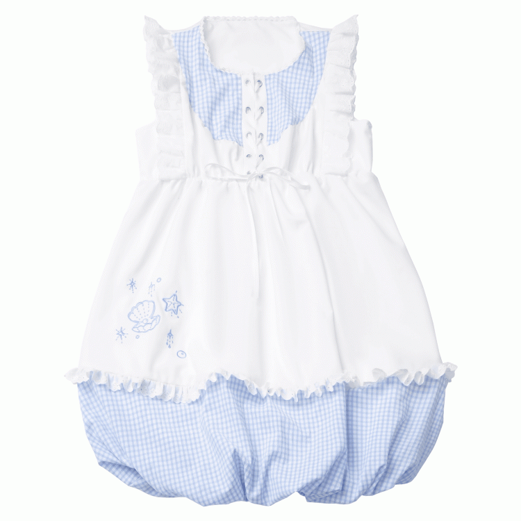 Seashell and Starfish Embroidery White and Blue Plaid Flutter Sleeves Dress Bubble Skirt