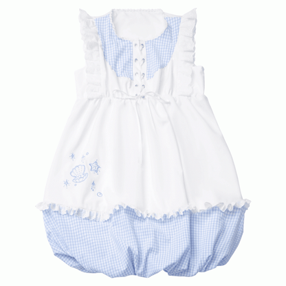 Seashell and Starfish Embroidery White and Blue Plaid Flutter Sleeves Dress Bubble Skirt