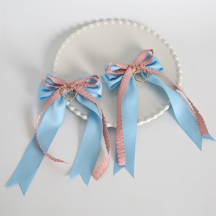 A Pair of Cute Lolita Pink & Blue Bowknot Ribbon Hairclips with Heart Charm