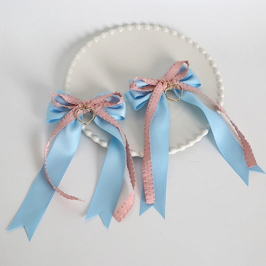 A Pair of Cute Lolita Pink & Blue Bowknot Ribbon Hairclips with Heart Charm