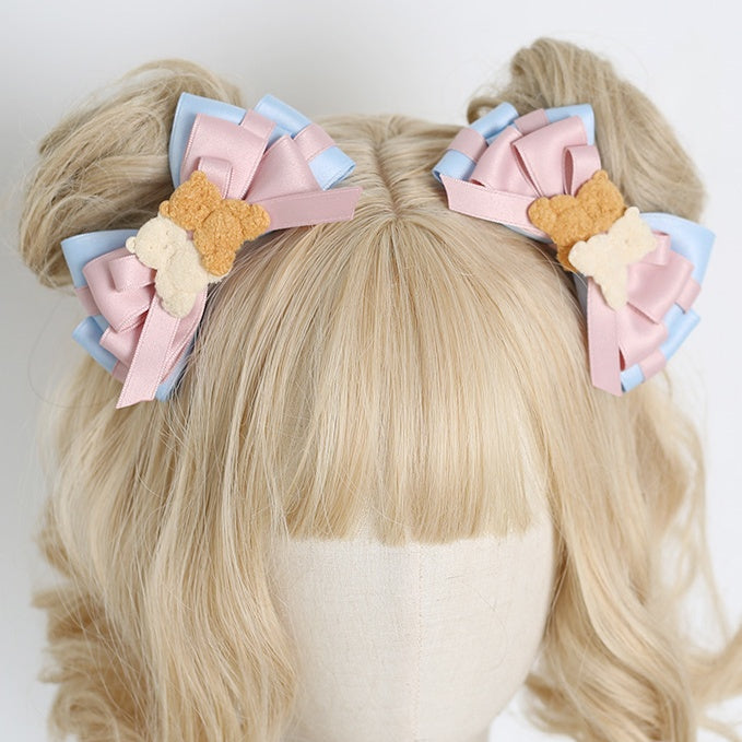 Cute Lolita Pink & Blue Bowknot Hairclip With Two Bear Decorations