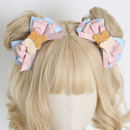 Cute Lolita Pink & Blue Bowknot Hairclip With Two Bear Decorations