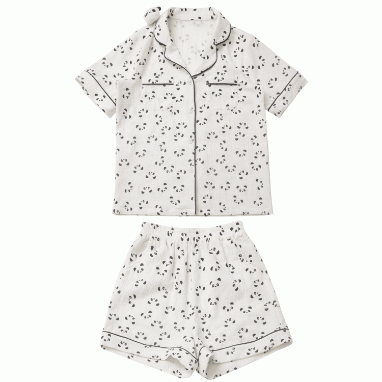 Beige Scalloped Edge Collar Allover Panda Print Shirt + Elastic Waist Shorts Pajamas Set