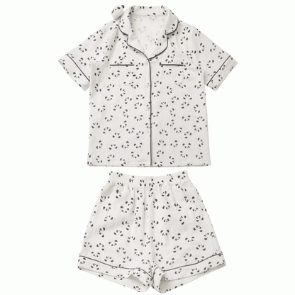 Beige Scalloped Edge Collar Allover Panda Print Shirt + Elastic Waist Shorts Pajamas Set