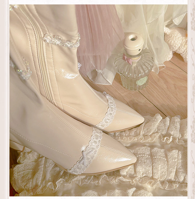 Beige Pointed Toe Lace and Beaded Chain 7CM Block Heel Knee-high Boots