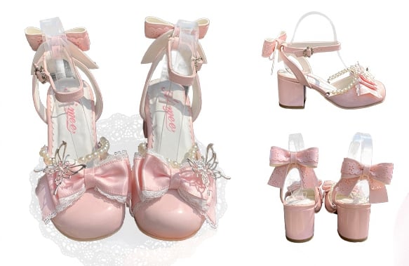 Silver Butteffly Decorated Bow at Top Pink 6CM Block Heels Sweet Lolita Mary Jane Shoes