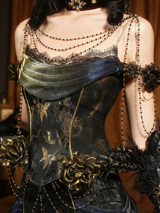 Gold Roses Decorated Black and Gold Goth Boned Corset Top