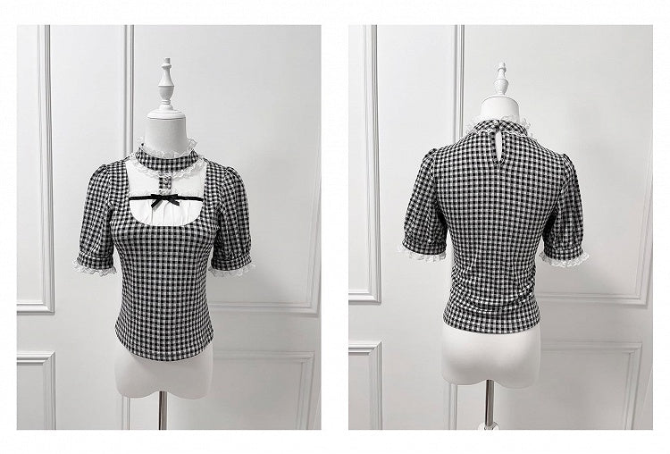 Jirai Kei Black and White Plaid Banded Collar Cutout Front Short Sleeves Blouse