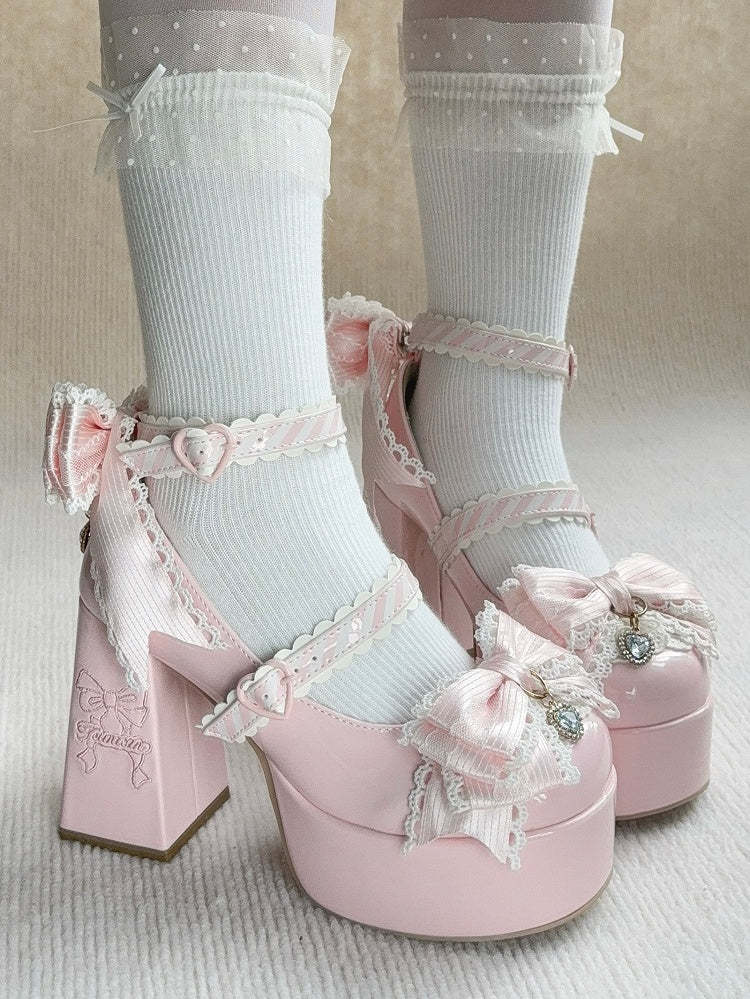 Pink Elegant Lolita High Block Heel Mary Janes with Bow Embroidery, Crystal Elements & Striped Fasteners