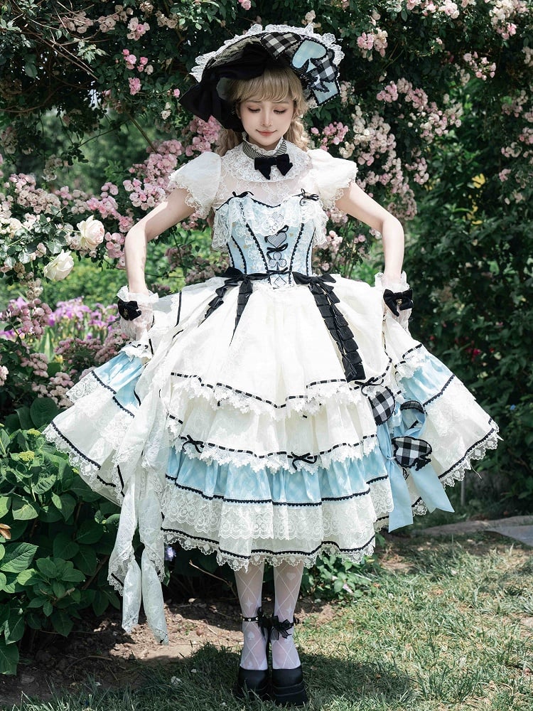 Alice in Wonderland Vibes Hime Lolita Alice Blue Boned Corset Top + Tiered Skirt