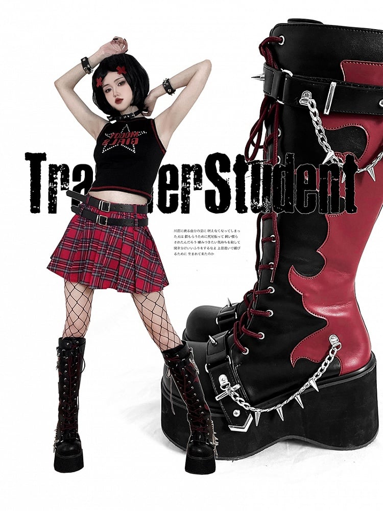 Black and Red Punk Goth Platform Boots Spike Studs Chains Knee-high Boots
