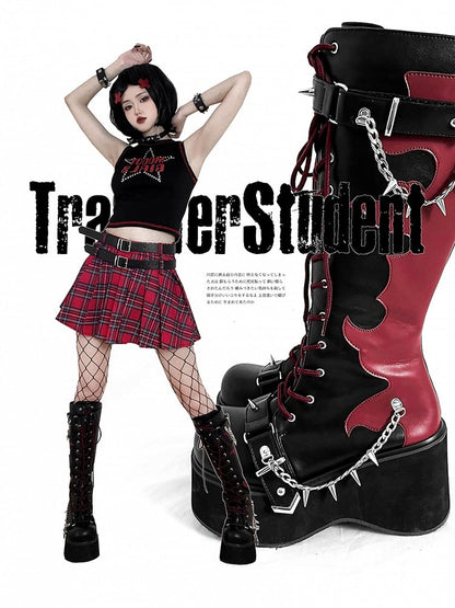 Black and Red Punk Goth Platform Boots Spike Studs Chains Knee-high Boots