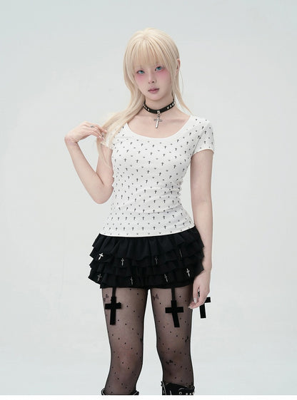 Pastel Gothic White Allover Cross and Cat Paw Print Cat Ears Detail at Back T-Shirt