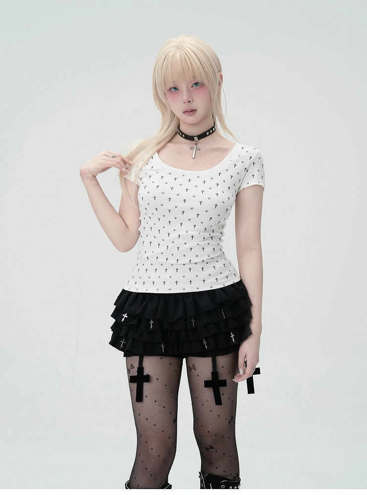 Pastel Gothic White Allover Cross and Cat Paw Print Cat Ears Detail at Back T-Shirt