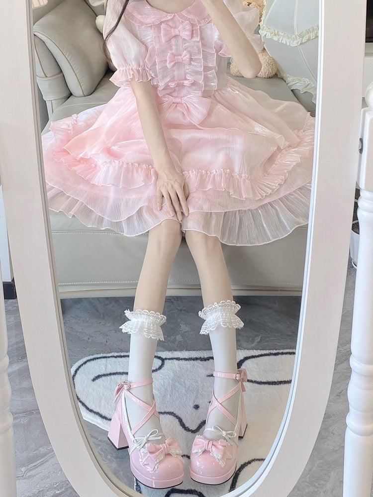 7CM Pink Bow at Top Crisscross Design Sweet Lolita Platform High Block Heels