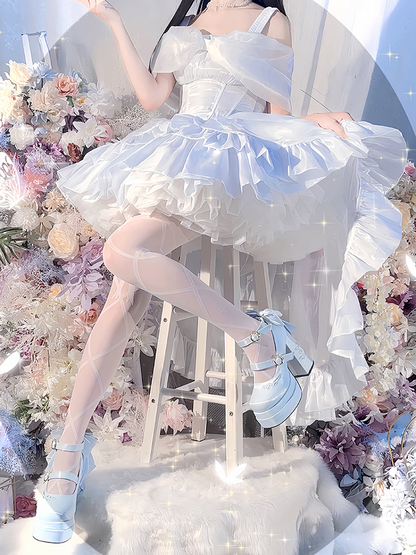 Light Blue Detachable Bowknot Lily of the Valley Embroidery High Block Heel Platform Mary Janes
