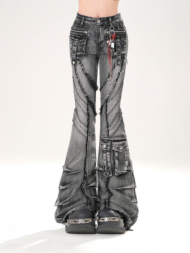 Black Faded Wash Cargo Pockets Raw Hem Distressed Flared Jeans