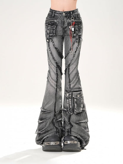 Black Faded Wash Cargo Pockets Raw Hem Distressed Flared Jeans