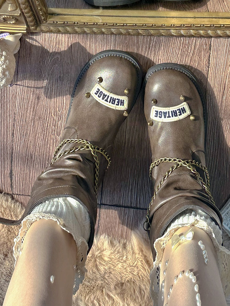 Brown Crisscross Chain Stud Detail Boots