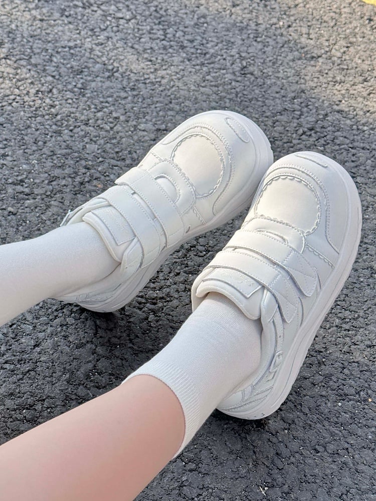 White Velcro Strap Closures Platform Sneakers