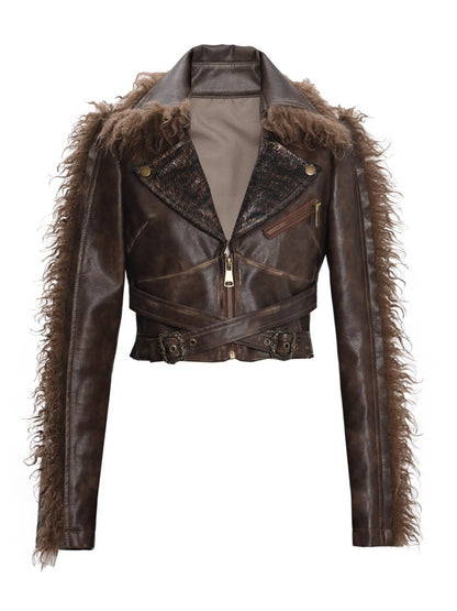 Buckle Straps Brown Western Style V-neck Punk PU Moto Jacket