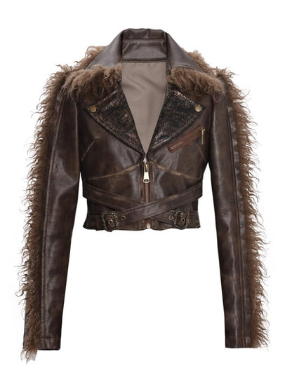 Buckle Straps Brown Western Style V-neck Punk PU Moto Jacket