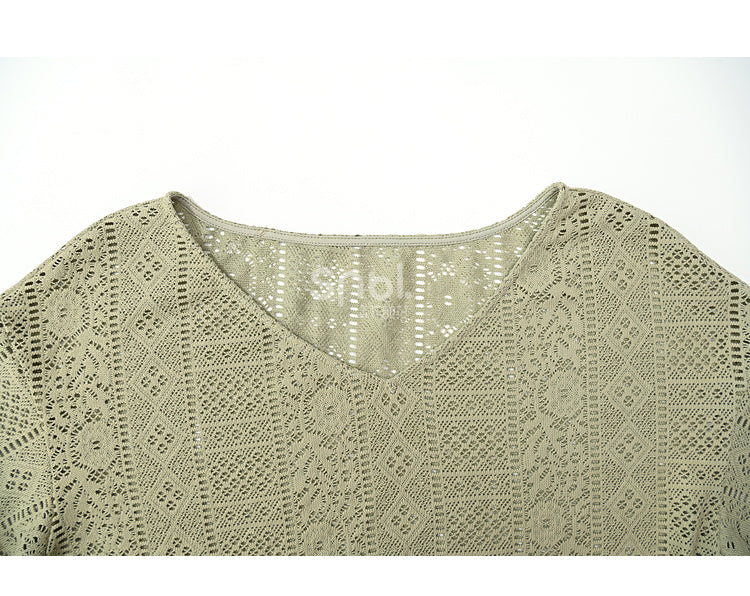 Bohemian Green V-neck Tassels Hem Top with Belt