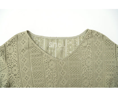 Bohemian Green V-neck Tassels Hem Top with Belt