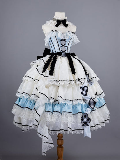 Alice in Wonderland Vibes Hime Lolita Alice Blue Boned Corset Top + Tiered Skirt