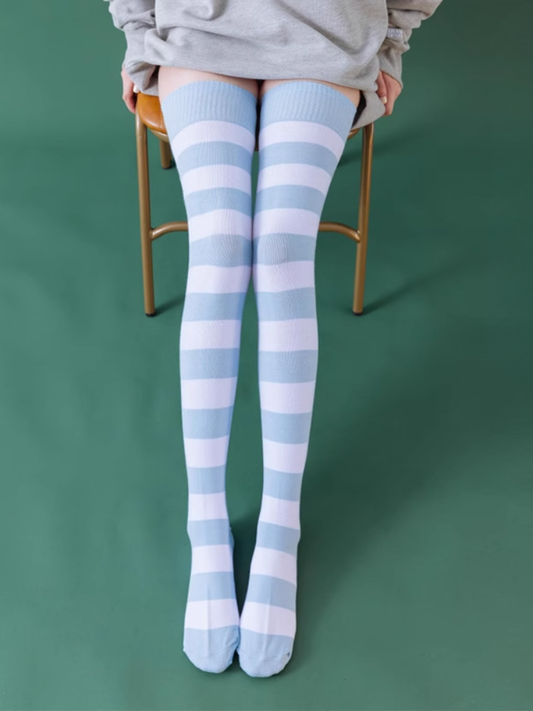 Blue & White/Black & White Stripes Over Knee Stockings