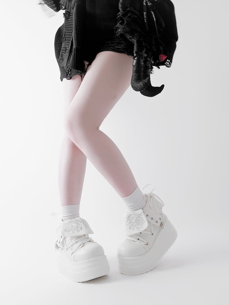 White Punk Spider Print Platform Sneakers