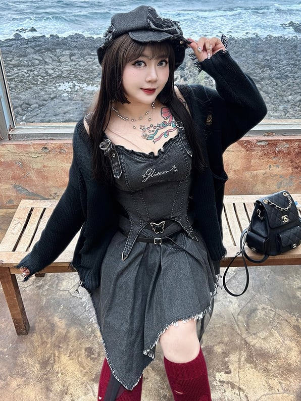 Plus Size Dark Grey Y2K Distressed Holes Loose Cardigan