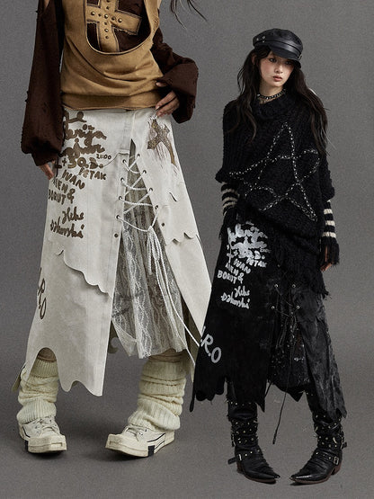 Black/White Asymmetrical Hem Lace-up Detail Skirt with Lace Patches