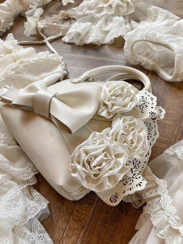 Creamy White Roses Big Bowknot Shell Bag