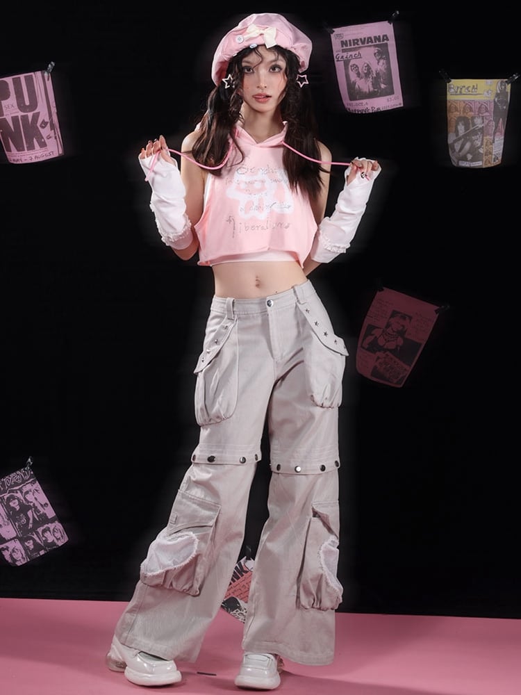 Star-shaped Studs Gray Cargo Pockets Detachable Jeans