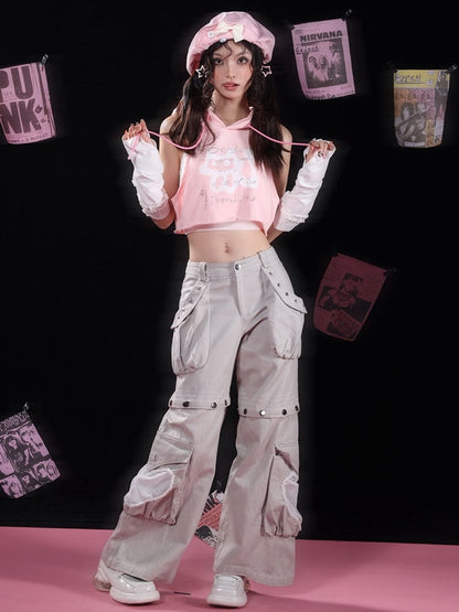 Star-shaped Studs Gray Cargo Pockets Detachable Jeans