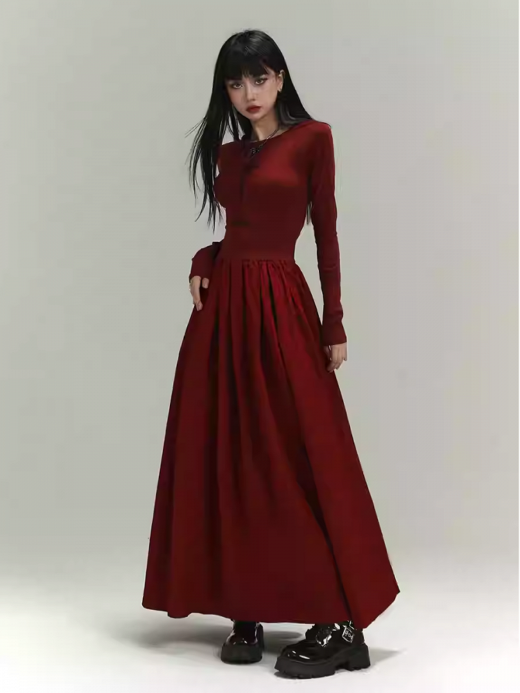 Gothic Wine Red Cross Print Backless/Covered-Back Slim-fitting Dress