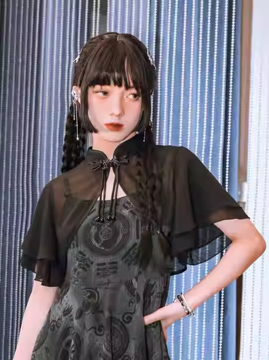 Black Banded Collar Double-layered Flounce Sleeves Cheongsam Style Cropped Top